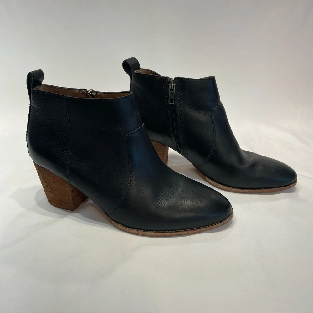 Madewell Womens Black Leather Ankle Boots‎ Side Zipper Wood Block Heel Size 7.5